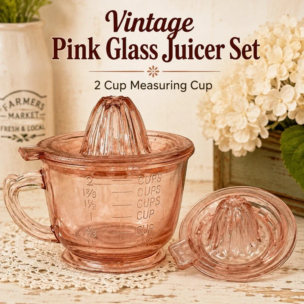 Vintage Pink Depression Glass 2 Cup Measuring Juicer Reamer Citrus Set